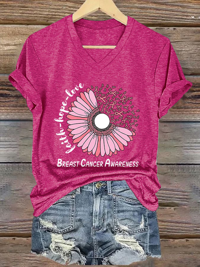 Women's Breast Cancer Awareness Print V Neck T-shirt