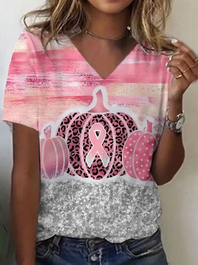 Women's Breast Cancer Awareness Print V Neck T-Shirt