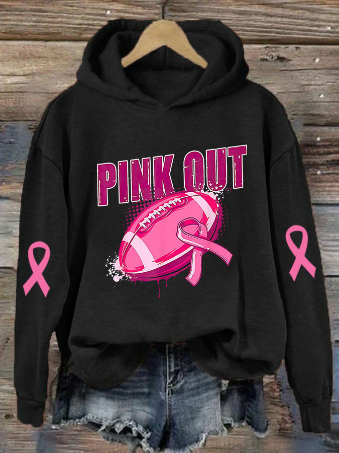Women's Pink Out Breast Cancer Football Print Casual Hoodie