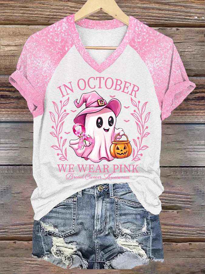 Women's In October We Wear Pink Halloween Ghost Breast Cancer Awareness Warrior Glitter Print V-Neck Tee