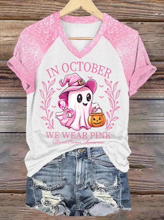 Women's In October We Wear Pink Halloween Ghost Breast Cancer Awareness Warrior Glitter Print V-Neck Tee