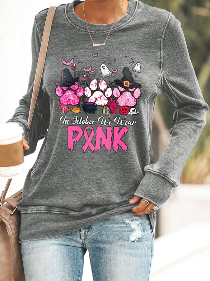 Women's In October We Wear Pink Breast Cancer Awareness Print Casual Sweatshirt