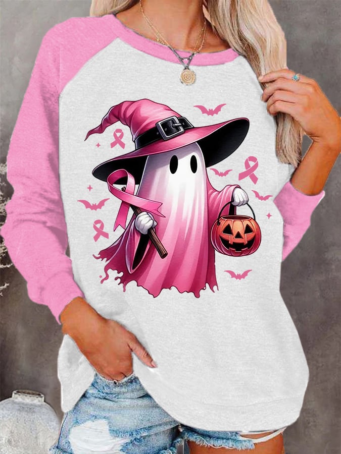 Women's Pink Halloween Ghost Breast Cancer Awareness Warrior Sweatshirt
