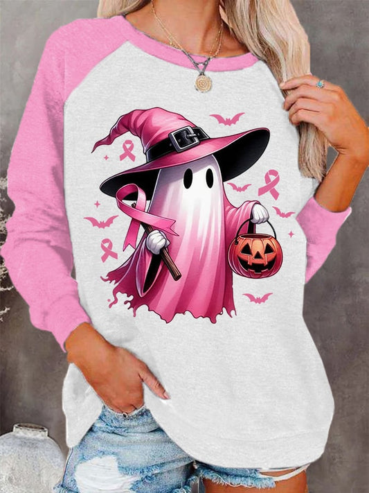 Women's Pink Halloween Ghost Breast Cancer Awareness Warrior Sweatshirt