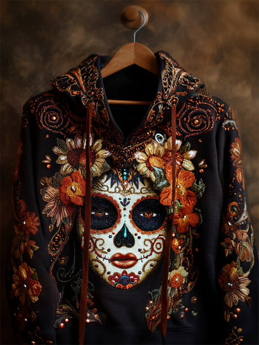 Day Of The Dead Sugar Skull Woman Floral Glitter Hoodie