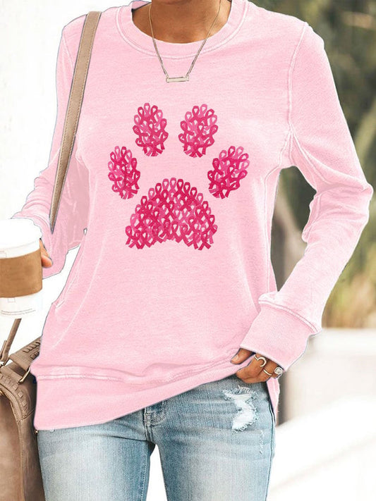 Women's Paws Breast Cancer Awareness Print Casual Sweatshirt
