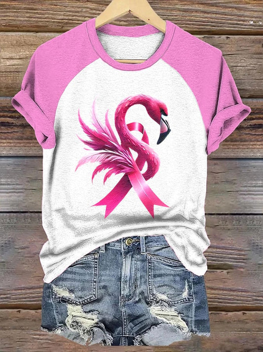 Women's Flamingo Pink Ribbon Breast Cancer Print Raglan Sleeve Crew Neck T-Shirt