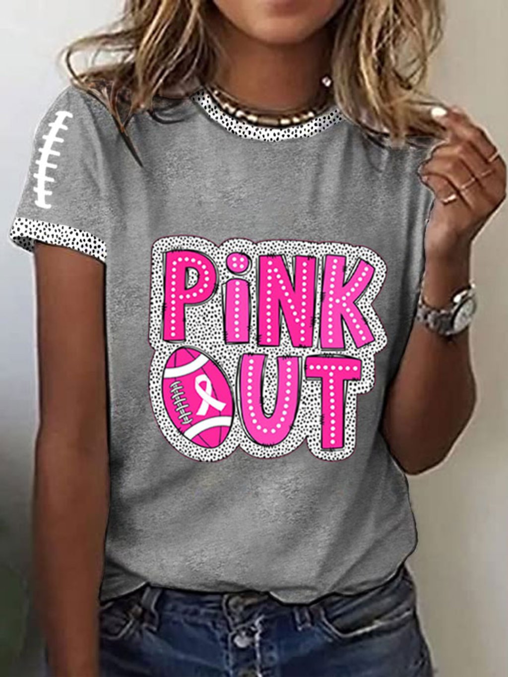 Women's Pink Out Football Breast Cancer Print T-Shirt