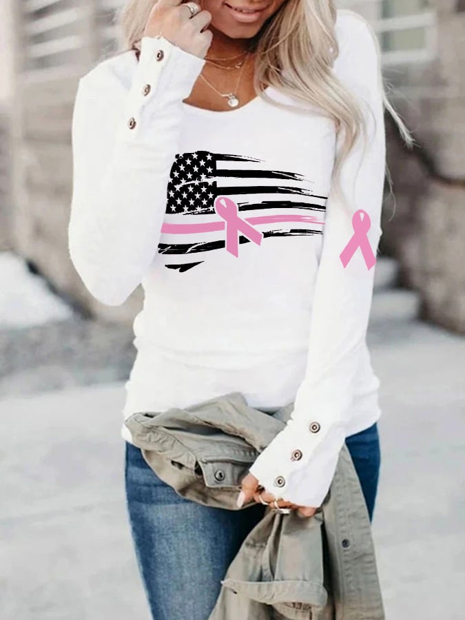 Women's Pink Ribbon Breast Cancer Awareness Warrior American Flag Print Top