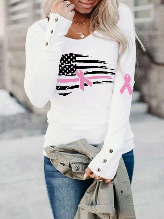 Women's Pink Ribbon Breast Cancer Awareness Warrior American Flag Print Top