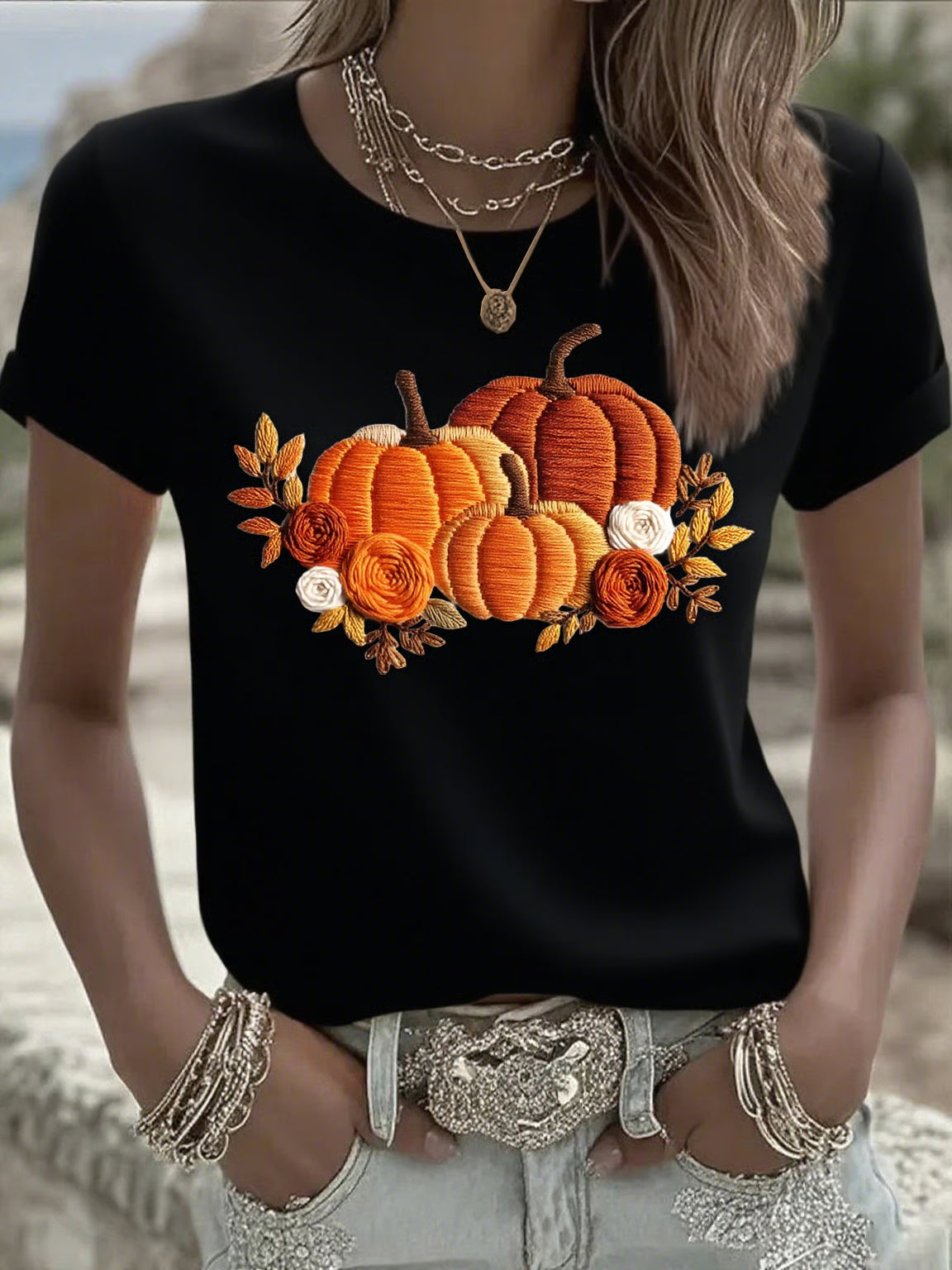 Women's Casual Orange Pumpkin Print T-Shirt