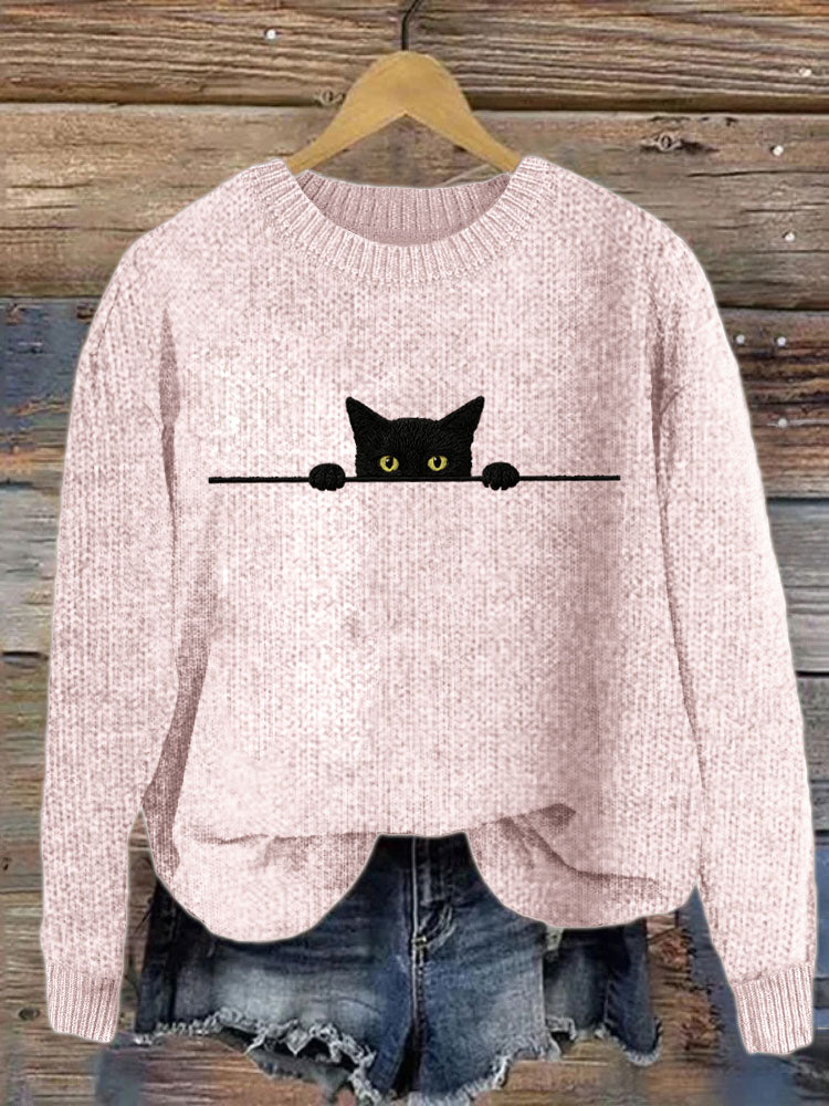 Women's Casual Funny Black Cat Print Sweater