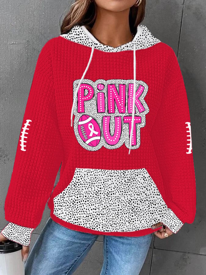 Women's Pink Out Football Breast Cancer Print Waffle Hooded Sweatshirt