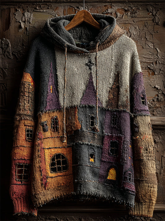 Halloween Castles Inspired Colorblock Stitched Hooded Knit Sweater