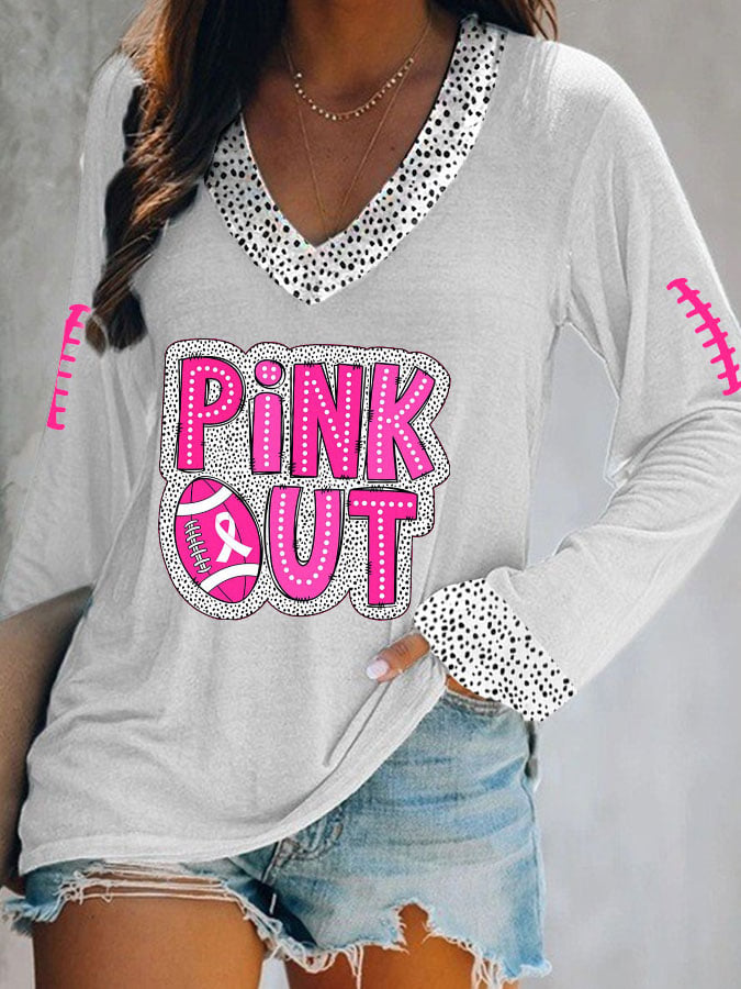 Women's Pink Out Football Breast Cancer Printed V-Neck Long Sleeve Top