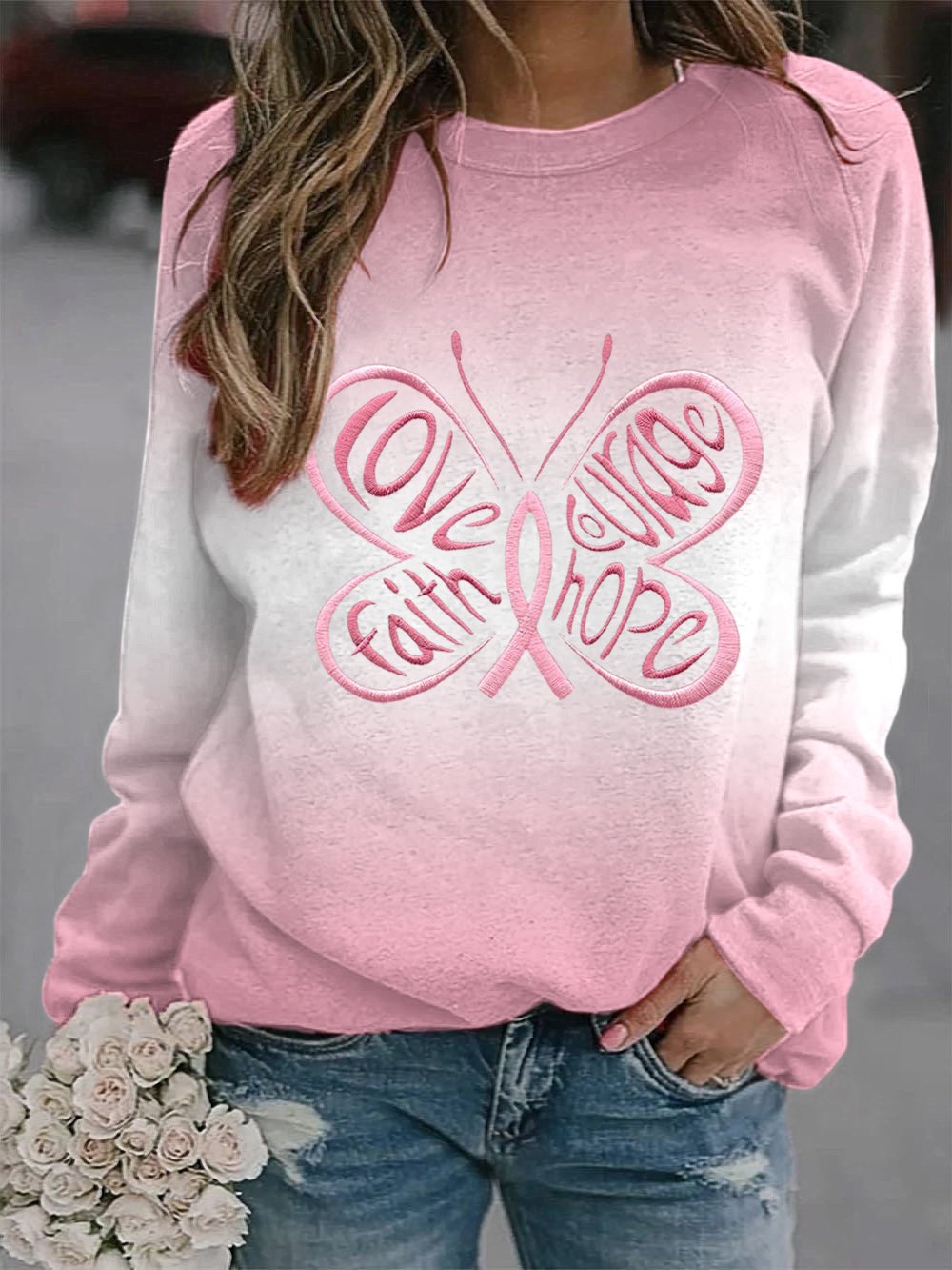 Women's Breast Cancer Awareness Butterfly Print Sweatshirt