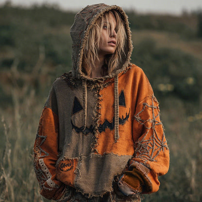 Halloween Pumpkin Face Patchwork Design Cozy Hoodie