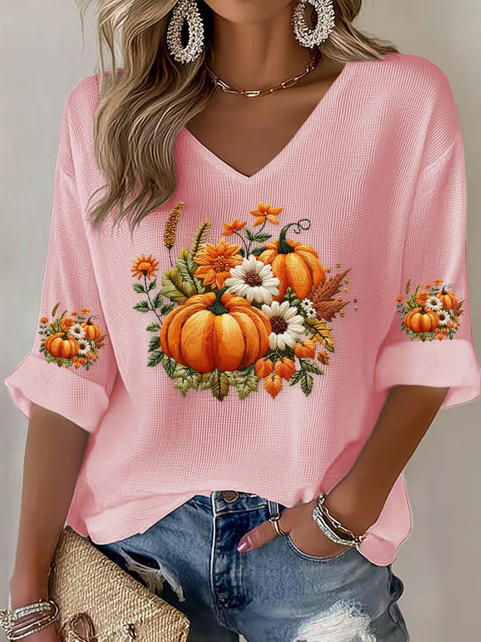 Women's Casual Autumn Pumpkin Waffle Long Sleeve T-shirt