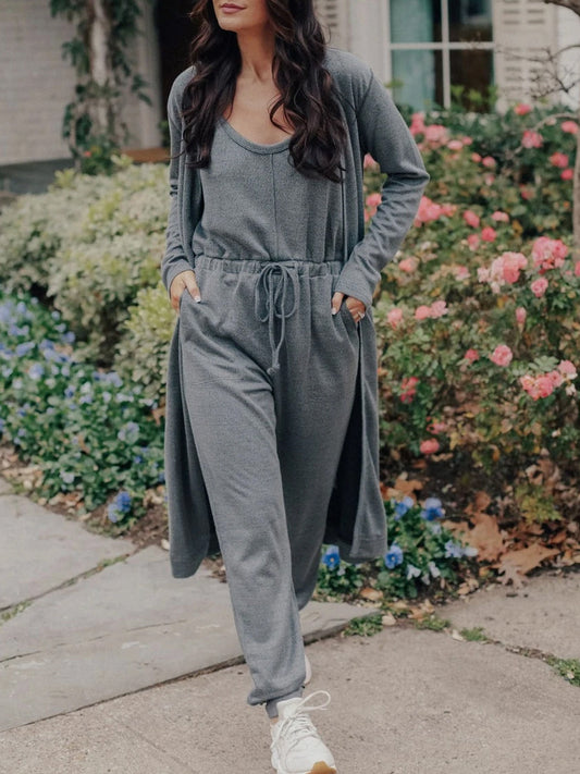 Women Casual Pure Color U Neck Three Piece Suit