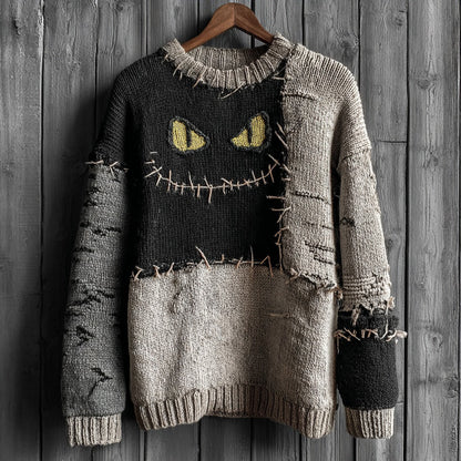 Halloween Abstract Black Cat Smiling Face Contrast Stitched Cozy Knit Sweater