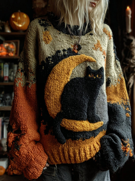 Halloween Black Cat Patchwork Art Cozy Knit Sweater