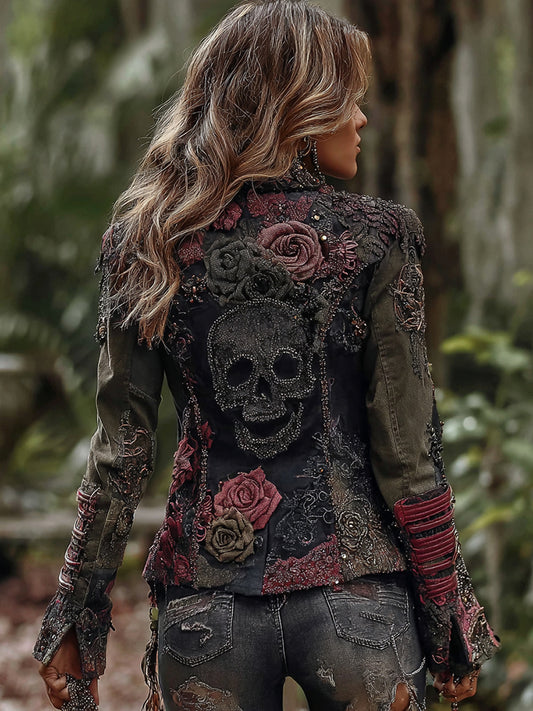 Vintage Rose Rhinestone Skull Gothic Rugged Color-contrast Denim Jacket
