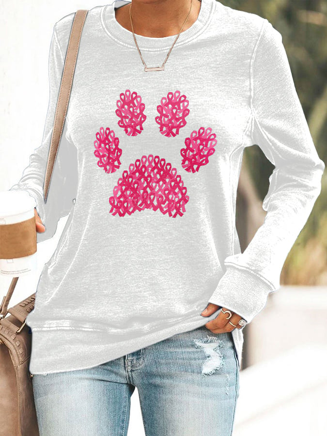 Women's Paws Breast Cancer Awareness Print Casual Sweatshirt