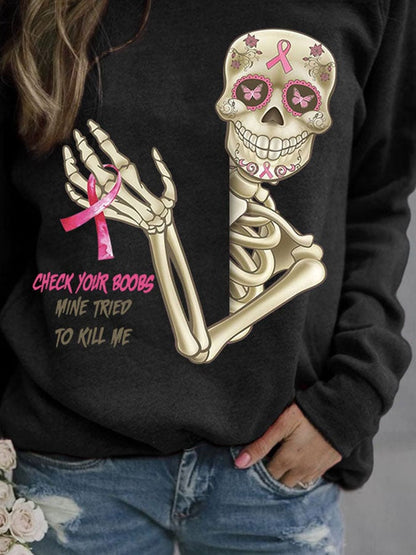 Skeleton Pink Ribbon Print Sweatshirt