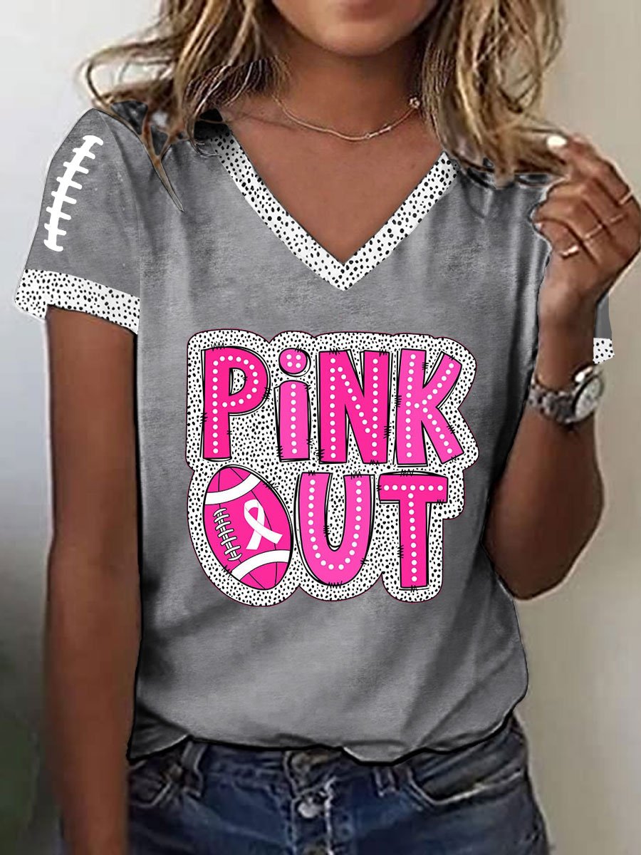 Women's Pink Out Football Breast Cancer Print T-Shirt