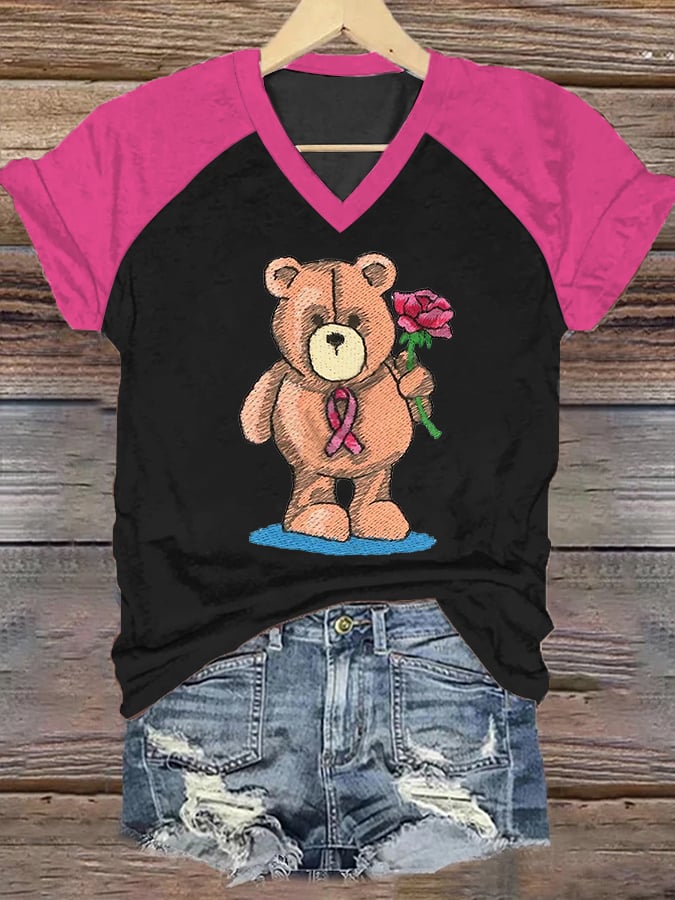Women's Bear Breast Cancer Awareness Print Casual V-Neck T-Shirt