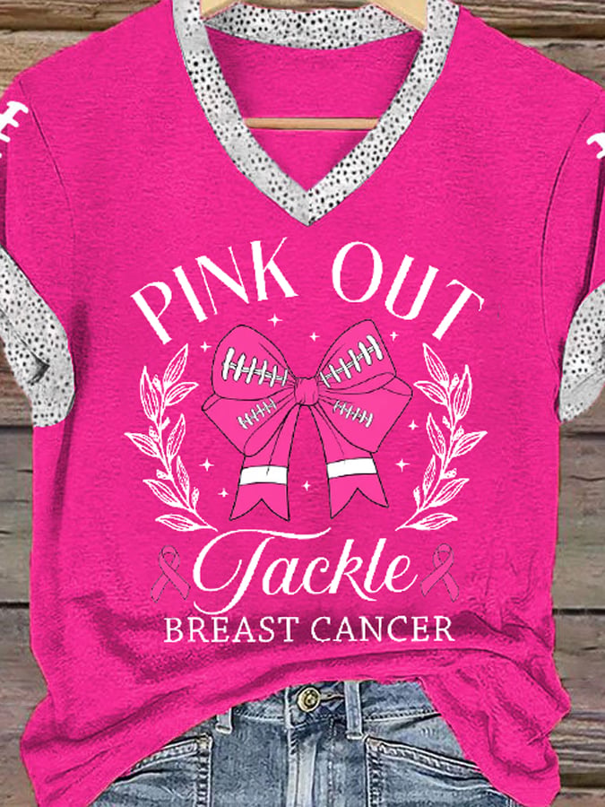 Women's Pink Out Tackle Breast Cancer Bow Football Print V-Neck Tee