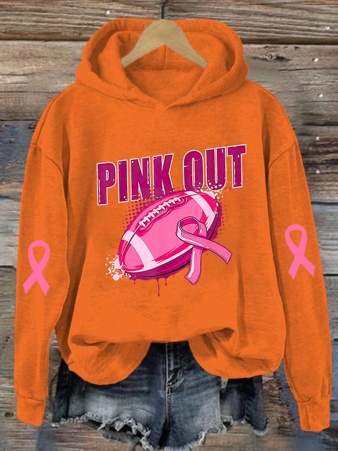 Women's Pink Out Breast Cancer Football Print Casual Hoodie