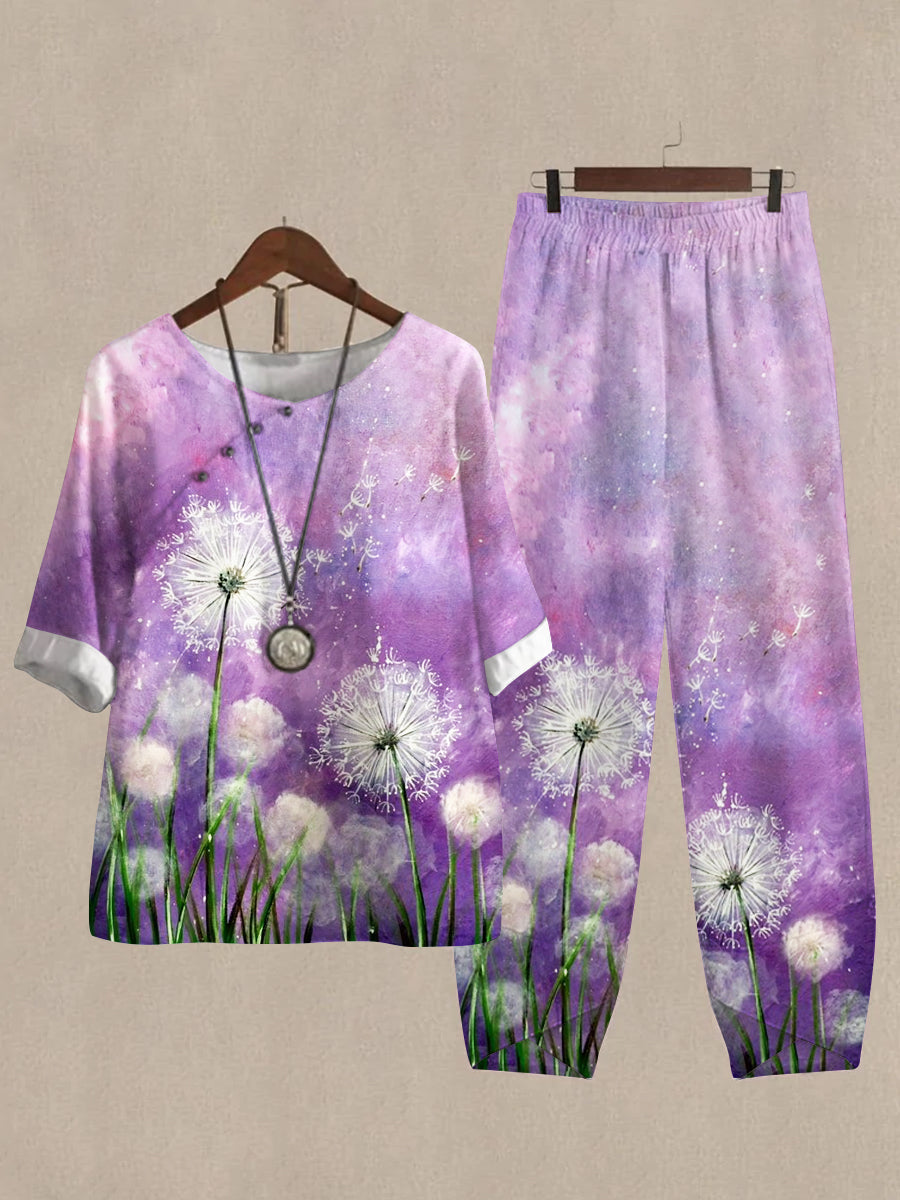 Linen Casual Women's Dandelion Print Two Pieces Set