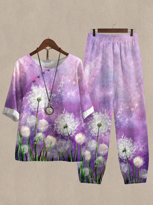 Linen Casual Women's Dandelion Print Two Pieces Set