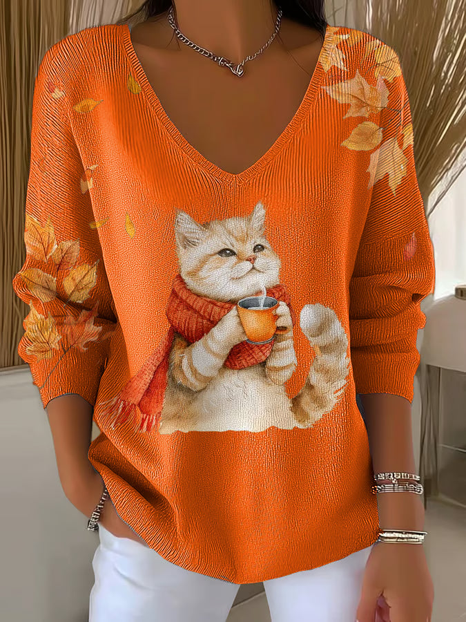 Women's Casual Autumn Animal Cat-Striped Long-Sleeved Top