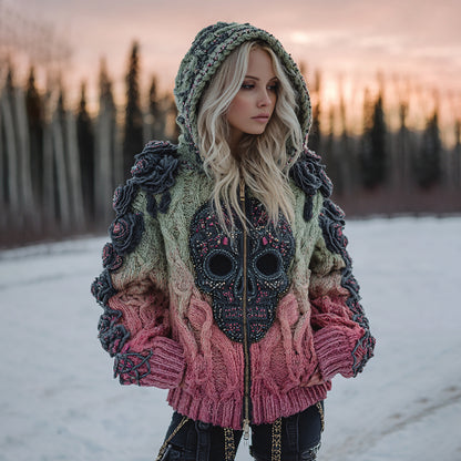 Women's Vintage Celtic Skull Gradient Art Cozy Knitted Hooded Cardigan