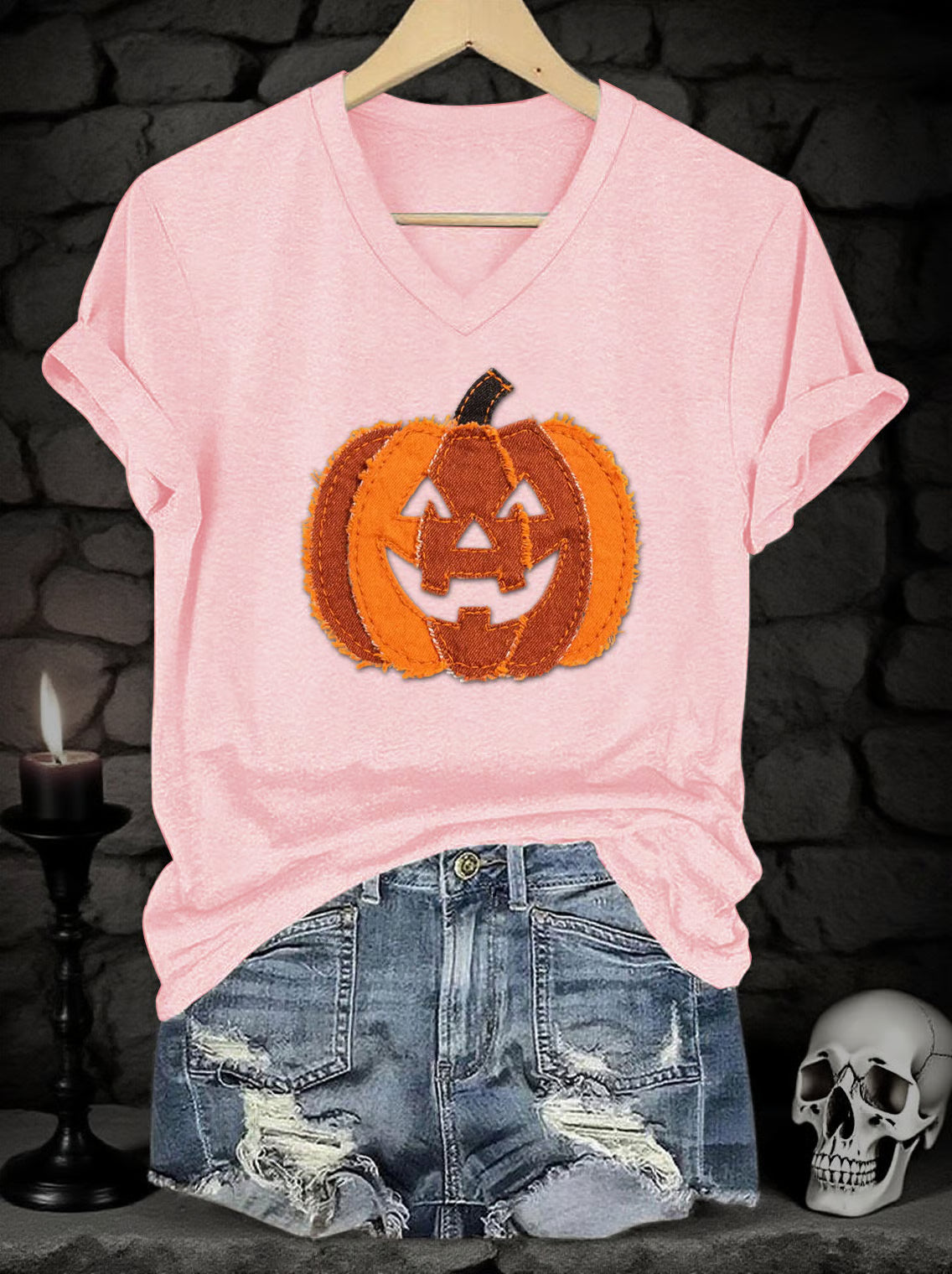 Women's Halloween Denim Patchwork Pumpkin Face Print V-Neck Short Sleeve T-Shirt