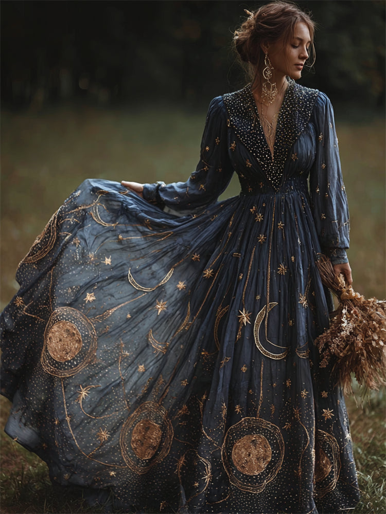 Vintage Celestial Glitter Moon & Stars Flowy Maxi Dress