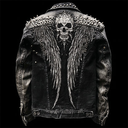Men's Skulls & Wings Rock Studded Washed Denim Jacket