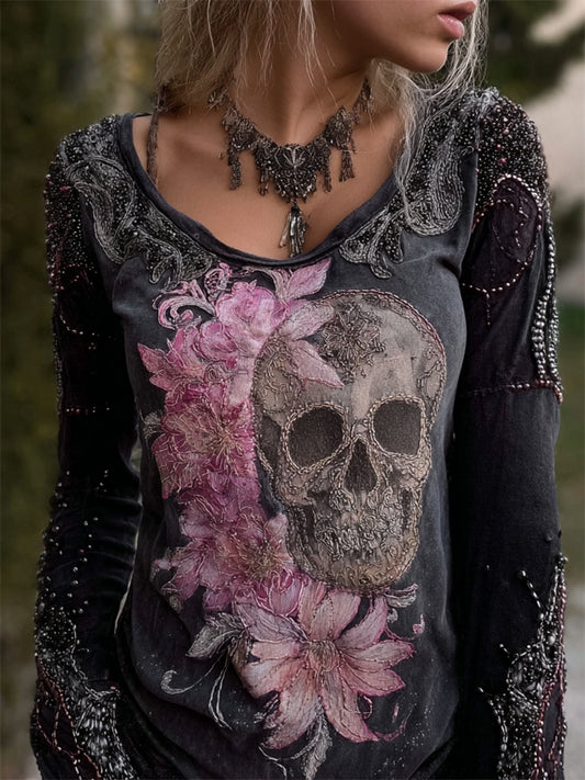 Glitter Skull Flowers Beaded Washed T Shirt