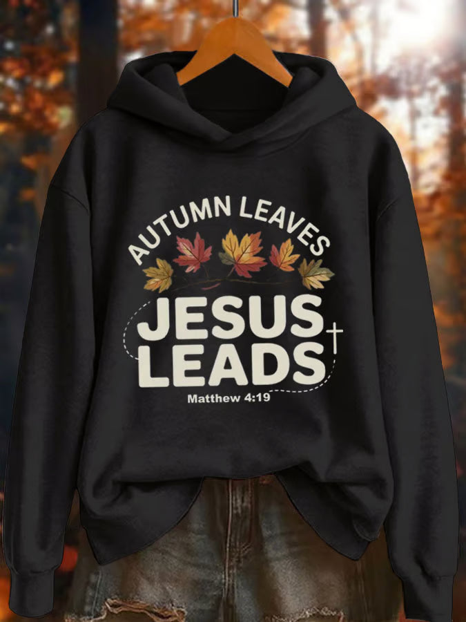 Women's Autumn Leaves Jesus Leads Printed Hoodie