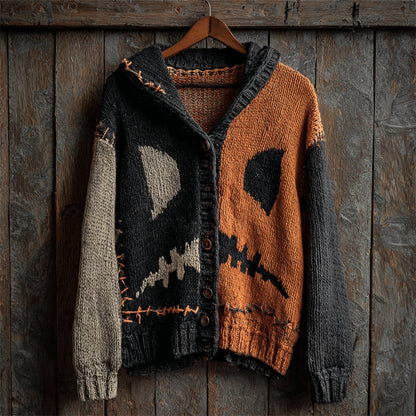 Halloween Spooky Face Contrast Stitched Cozy Knit Hooded Cardigan