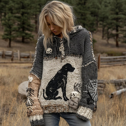 Vintage Dog Horror Spider Web Cozy Knit Hooded Sweater
