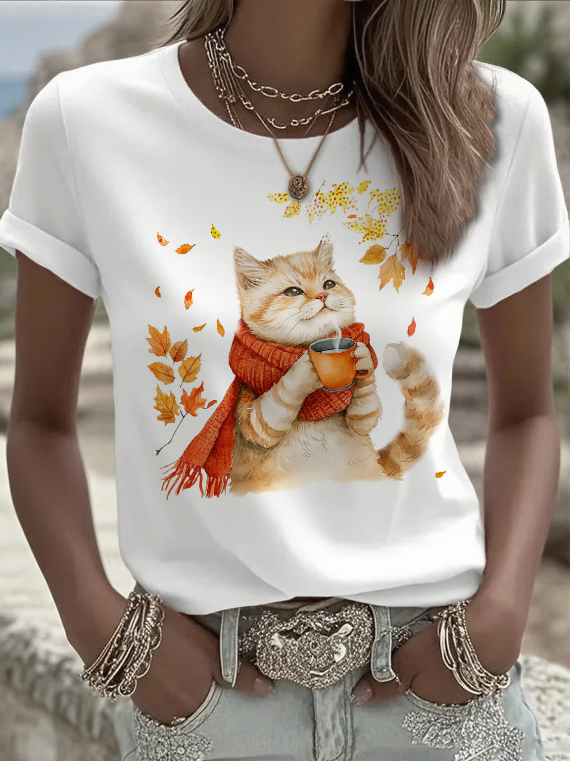 Women's Casual Autumn Animal Cat Print T-shirt