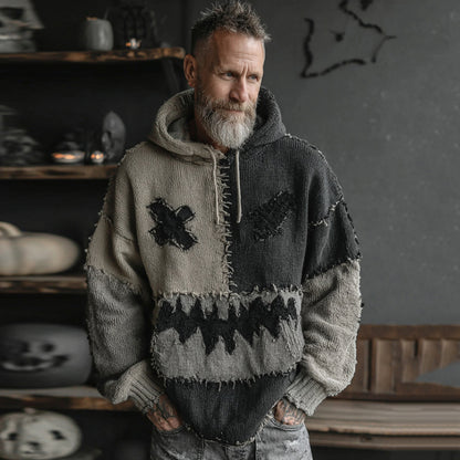 Men's Halloween Spooky Face Colorblock Stitched Hooded Cozy Knit Sweater