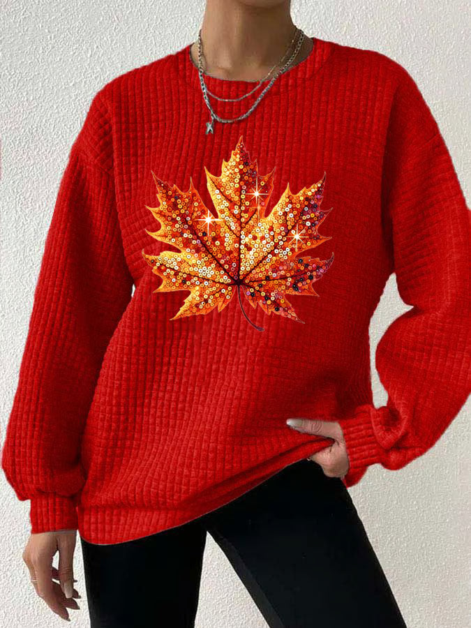 Women's Autumn Sequin Maple Leaf Print Gingham Crew Neck Sweatshirt