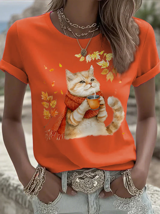 Women's Casual Autumn Animal Cat Print T-shirt