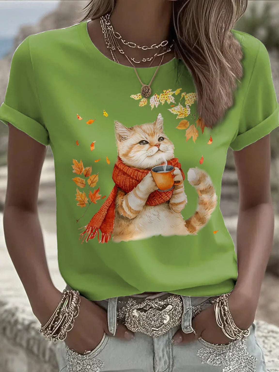 Women's Casual Autumn Animal Cat Print T-shirt
