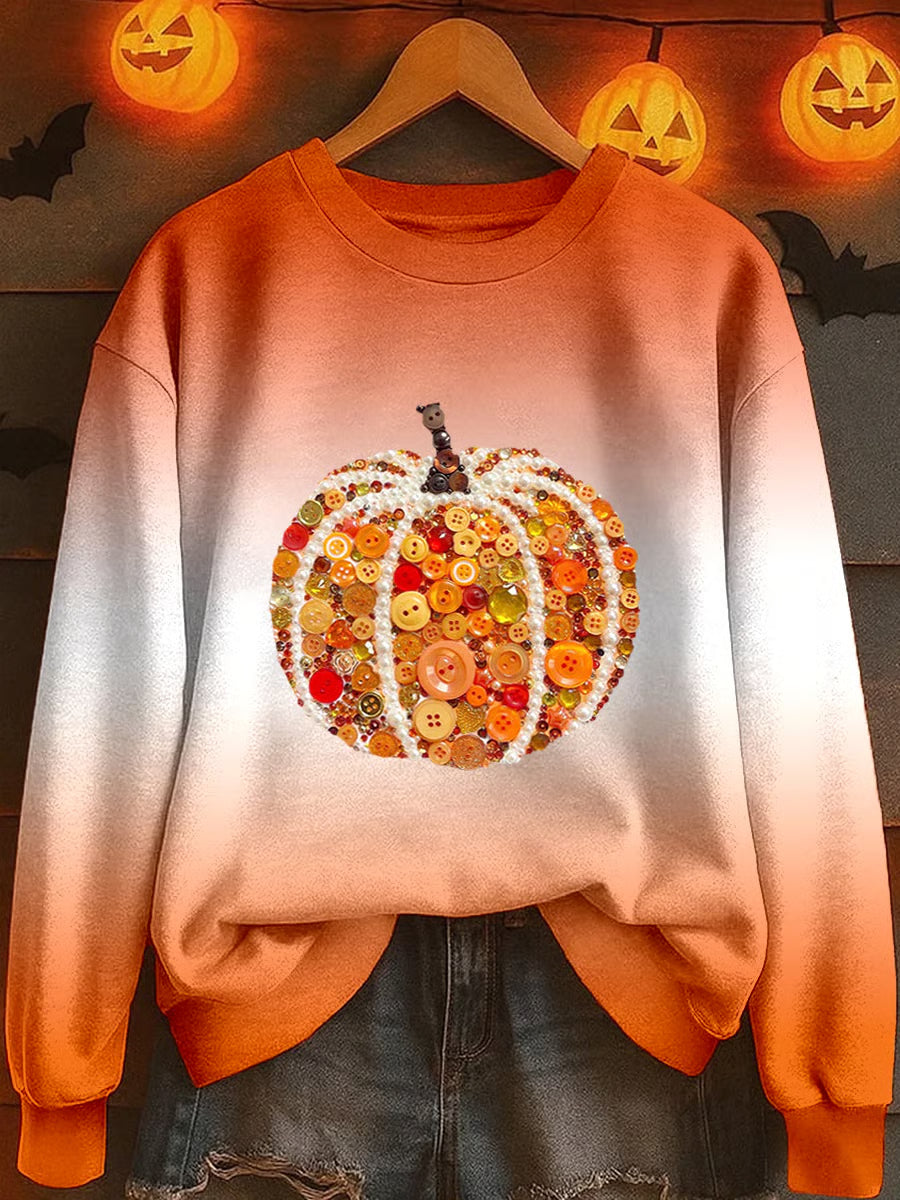 Women's Sequin Pumpkin Print Crew Neck Sweatshirt