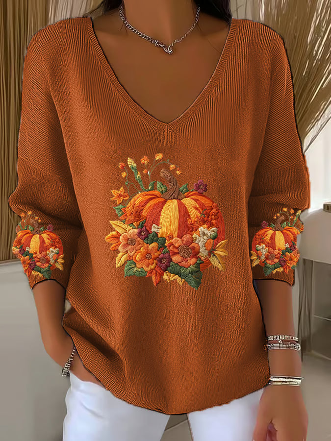 Women's Casual Autumn Pumpkin Floral Embroidery Texture Pattern Print Long Sleeve T-shirt